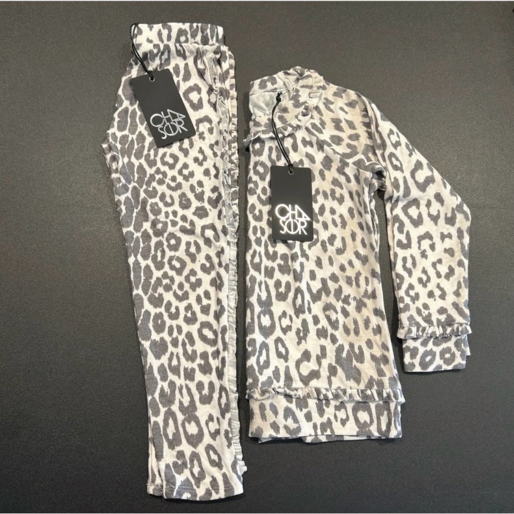 Chaser Leopard Print Soft Knit LS Top and Wide Leg Pant Set